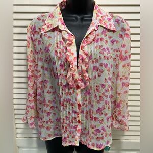 Byer Dress White/Pink/Green Floral Chiffon Pearl Button Up Blouse Size 12 Ruffle